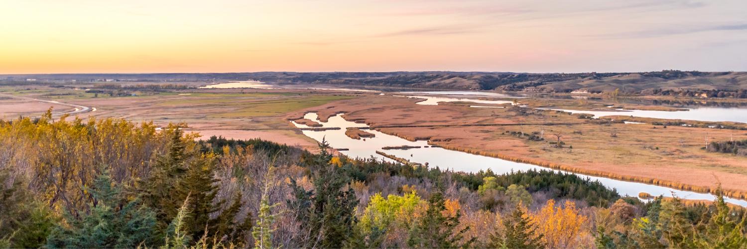 overview of a river cutting through dry land